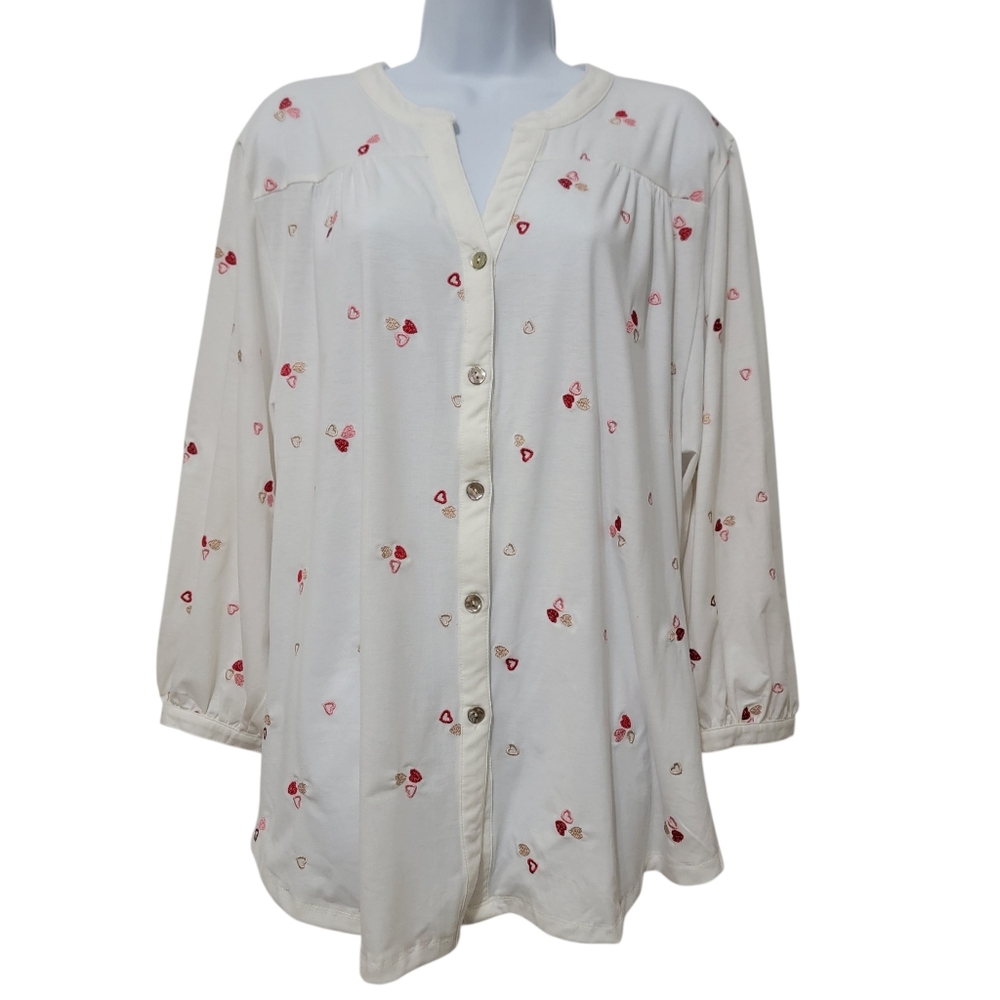 Cracker Barrel | Hope Springs Heart Embroidered Button Front Blouse Valentine